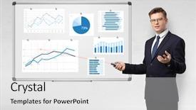  Presentation with report - Beautiful PPT layouts featuring handsome businessman presenting report backdrop and a light gray colored foreground