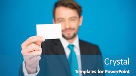  Presentation with blue business - Presentation theme enhanced with handsome businessman showing blank business card on blue background and a teal colored foreground