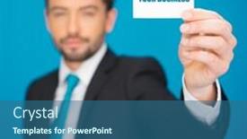  Presentation with blue business - Presentation theme consisting of handsome businessman showing blank business card on blue background and a ocean colored foreground