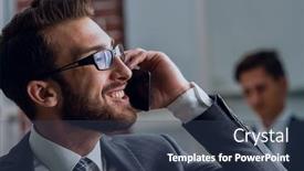  Presentation with speaking - PPT theme featuring handsome-businessman-speaking-on-mobile background and a ocean colored foreground