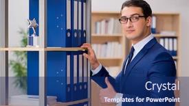  Presentation with next - Slide deck having handsome businessman standing next to shelf background and a navy blue colored foreground