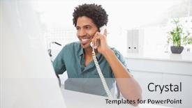  Presentation with desk - Colorful presentation enhanced with handsome-businessman-talking-on-phone backdrop and a light gray colored foreground
