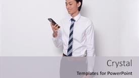  Presentation with phone - Presentation theme featuring handsome-businessman-using-his-mobile background and a light gray colored foreground