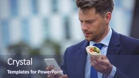  Presentation with snacks - Colorful PPT theme enhanced with handsome businessman using mobile phone while having snacks backdrop and a ocean colored foreground