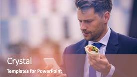  Presentation with snacks - PPT layouts with handsome businessman using mobile phone while holding snacks background and a coral colored foreground