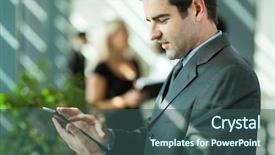  Presentation with computer - Slides consisting of handsome businessman using tablet computer background and a ocean colored foreground