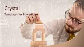  Presentation with wooden building blocks - Beautiful slides featuring handsome businessman using wooden building backdrop and a  colored foreground