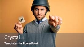  Presentation with military camera - Amazing presentation theme having handsome-businessman-wearing-military-helmet backdrop and a ocean colored foreground