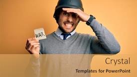  Presentation with war - Presentation with handsome-businessman-wearing-military-helmet background and a yellow colored foreground