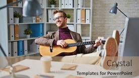  Presentation with guitar - Slide deck with handsome businessman with guitar singing in office background and a coral colored foreground