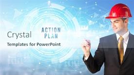  Presentation with action plan - PPT theme enhanced with handsome-businessman-with-helmet-drawing background and a sky blue colored foreground