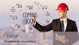  Presentation with coming soon - Beautiful PPT theme featuring handsome-businessman-with-helmet-drawing backdrop and a light gray colored foreground