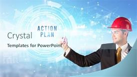  Presentation with action plan - Cool new slides with handsome-businessman-with-helmet-drawing backdrop and a sky blue colored foreground