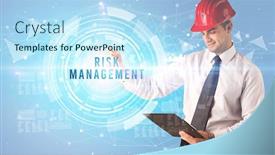  Presentation with risk management - Slide set featuring handsome-businessman-with-helmet-drawing background and a sky blue colored foreground