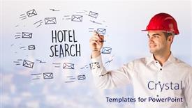  Presentation with hotel - Cool new PPT theme with handsome-businessman-with-helmet-drawing backdrop and a sky blue colored foreground