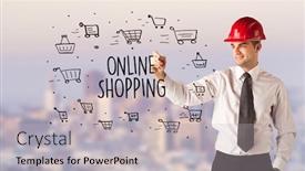  Presentation with online shopping - PPT theme enhanced with handsome-businessman-with-helmet-drawing background and a light gray colored foreground