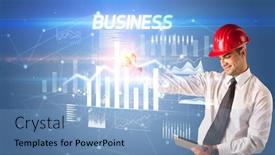  Presentation with drawing architecture - Beautiful PPT theme featuring handsome-businessman-with-helmet-drawing backdrop and a light blue colored foreground