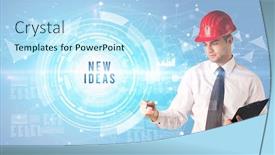  Presentation with new business ideas - Cool new presentation theme with handsome-businessman-with-helmet-drawing backdrop and a light blue colored foreground