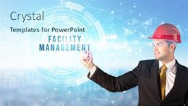  Presentation with facility management - Audience pleasing theme consisting of handsome-businessman-with-helmet-drawing backdrop and a cool aqua colored foreground