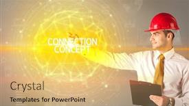  Presentation with connection - PPT theme featuring handsome-businessman-with-helmet-drawing background and a yellow colored foreground