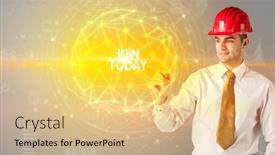  Presentation with today - PPT theme having handsome-businessman-with-helmet-drawing background and a coral colored foreground