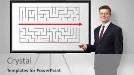  Presentation with potential - Slide set with handsome businessman with laser pointer presenting potential exit from a labyrinth background and a light gray colored foreground