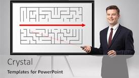  Presentation with potential - Slides having handsome businessman with laser pointer presenting potential exit from a labyrinth background and a light gray colored foreground
