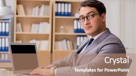  Presentation with young students working in groups - Audience pleasing PPT theme consisting of handsome businessman working on office backdrop and a  colored foreground