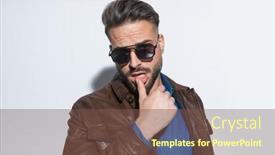  Presentation with brown leather - Presentation theme with handsome-casual-man-slowly-pressing background and a tawny brown colored foreground