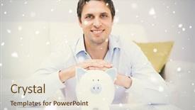  Presentation with falling snow - Amazing PPT theme having handsome casual man with piggy bank in living room against snow falling backdrop and a sky blue colored foreground