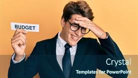  Presentation with budget - PPT theme enhanced with handsome-caucasian-business-man-holding background and a navy blue colored foreground