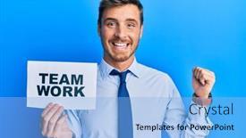  Presentation with victory team - Beautiful presentation design featuring handsome-caucasian-business-man-holding backdrop and a light blue colored foreground