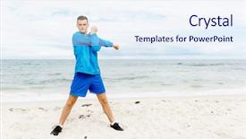  Presentation with exercises - Beautiful PPT theme featuring handsome caucasian male doing exercises on beach backdrop and a sky blue colored foreground