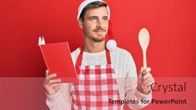  Presentation with cooking - PPT theme having handsome-caucasian-man-cooking-wearing background and a coral colored foreground