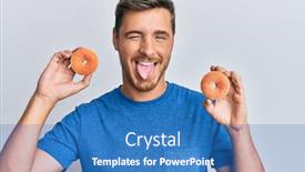  Presentation with donuts - Beautiful presentation theme featuring handsome-caucasian-man-eating-donuts backdrop and a teal colored foreground