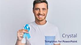  Presentation with blue ribbon - Slide set featuring handsome-caucasian-man-holding-blue background and a sky blue colored foreground