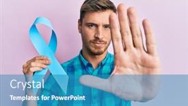  Presentation with blue ribbon - Audience pleasing slide deck consisting of handsome-caucasian-man-holding-blue backdrop and a teal colored foreground