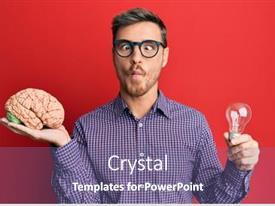  Presentation with brain - Presentation design consisting of handsome-caucasian-man-holding-brain background and a violet colored foreground