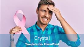  Presentation with pink ribbon - Presentation featuring handsome-caucasian-man-holding-pink background and a teal colored foreground