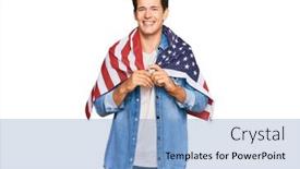  Presentation with united states flag - PPT theme having handsome-caucasian-man-holding-united background and a teal colored foreground