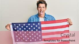  Presentation with united states flag - Colorful PPT theme enhanced with handsome-caucasian-man-holding-united backdrop and a coral colored foreground