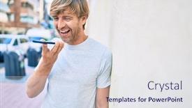  Presentation with voice - PPT theme featuring handsome-caucasian-man-smiling-happy background and a sky blue colored foreground