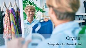  Presentation with retail shopping center - Slide set enhanced with handsome-caucasian-man-smiling-happy background and a light blue colored foreground