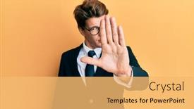  Presentation with hand palm - Audience pleasing presentation theme consisting of handsome-caucasian-man-wearing-business backdrop and a yellow colored foreground