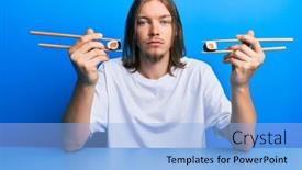  Presentation with chopsticks - Slide set having handsome-caucasian-man-with-long background and a light blue colored foreground
