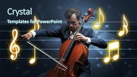  Presentation with sheet music - Presentation design enhanced with handsome cellist playing with music background and a  colored foreground