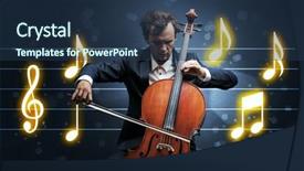  Presentation with sheet music - Audience pleasing PPT layouts consisting of handsome cellist playing with music backdrop and a  colored foreground