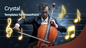  Presentation with sheet music - Colorful PPT layouts enhanced with handsome cellist playing with music backdrop and a  colored foreground