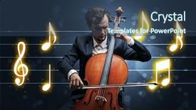  Presentation with sheet music - Cool new PPT theme with handsome cellist playing with music backdrop and a  colored foreground