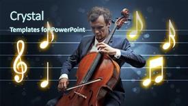  Presentation with sheet music - Slide deck enhanced with handsome cellist playing with music background and a  colored foreground